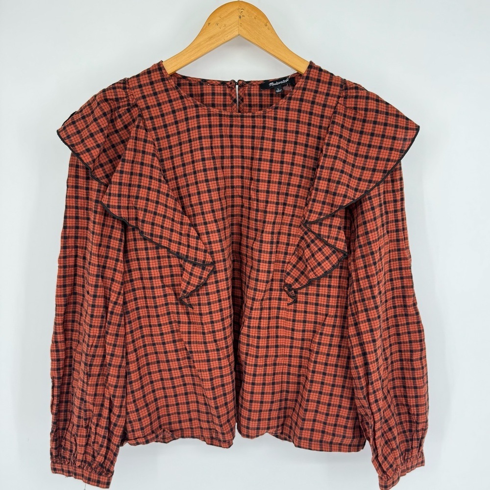 Madewell Retro Orange and Black Gingham Ruffled Blouse Top